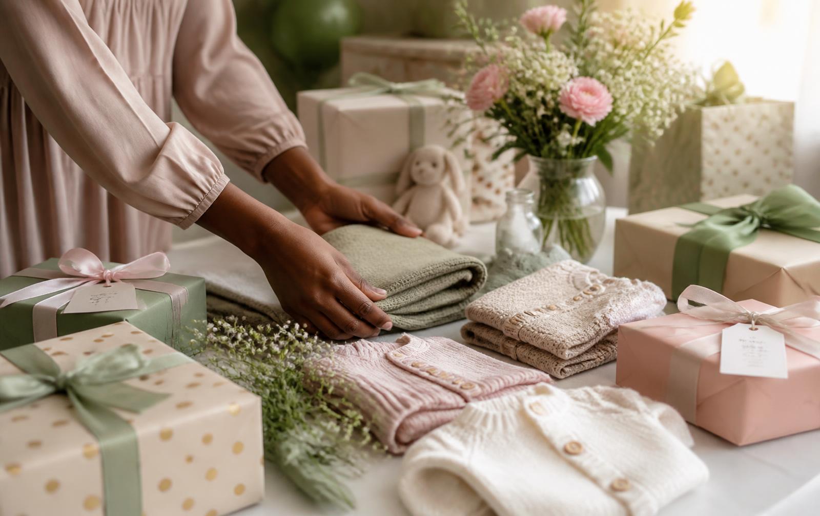 A baby shower gift table with sage and blush wrapped presents, knitted clothes and flowers