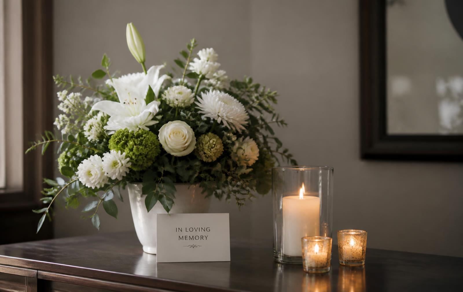 A simple white floral arrangement beside lit candles on a dark wooden table