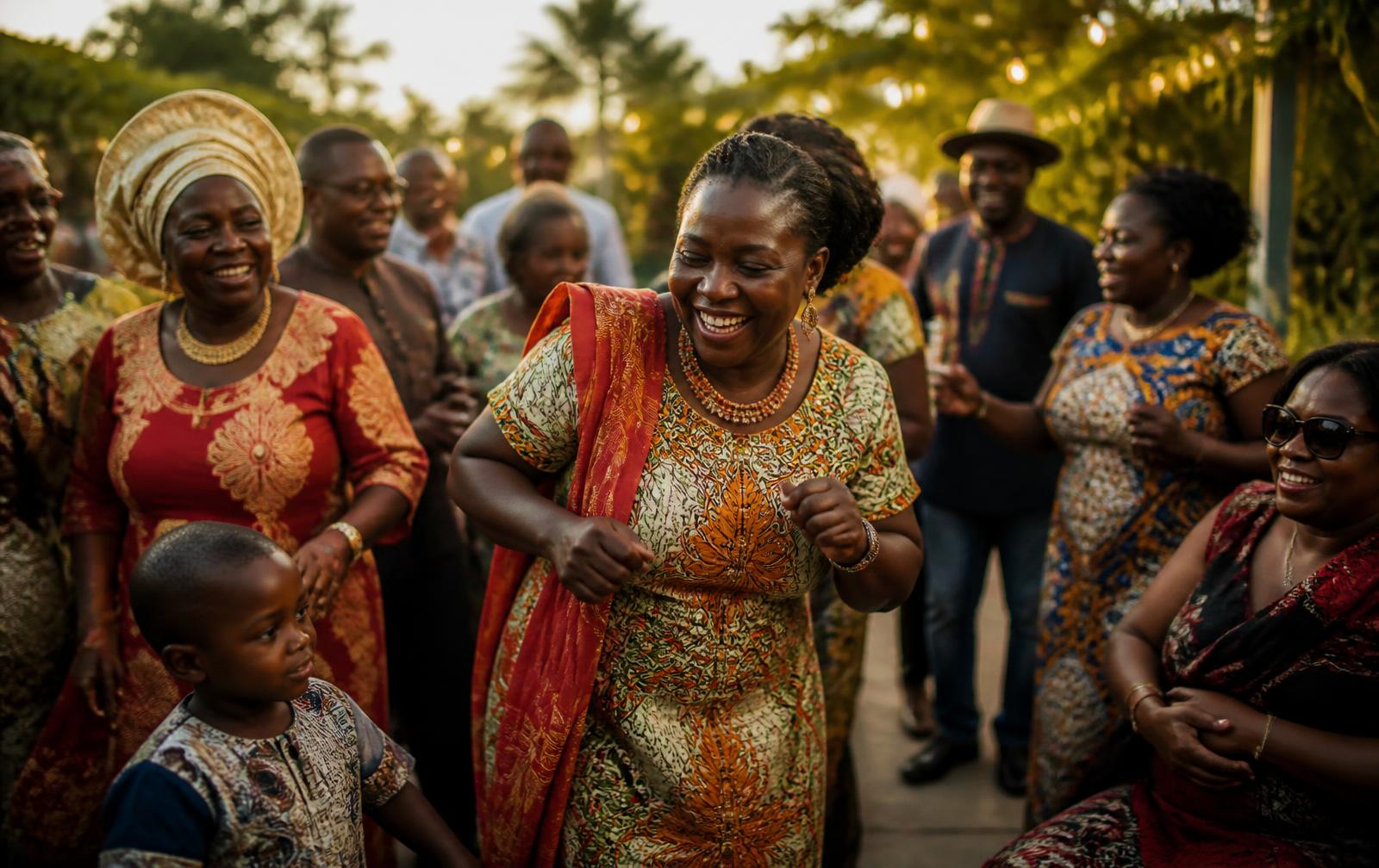 Family and friends celebrating together at a Kenyan garden gathering at golden hour