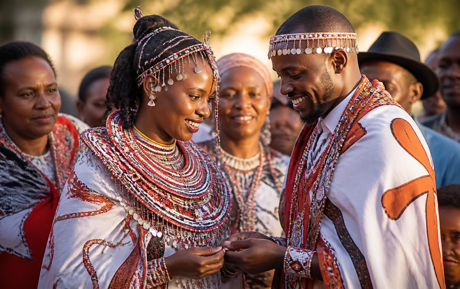 A Kenyan couple in traditional ceremonial dress during a Ruracio, surrounded by family at golden hour